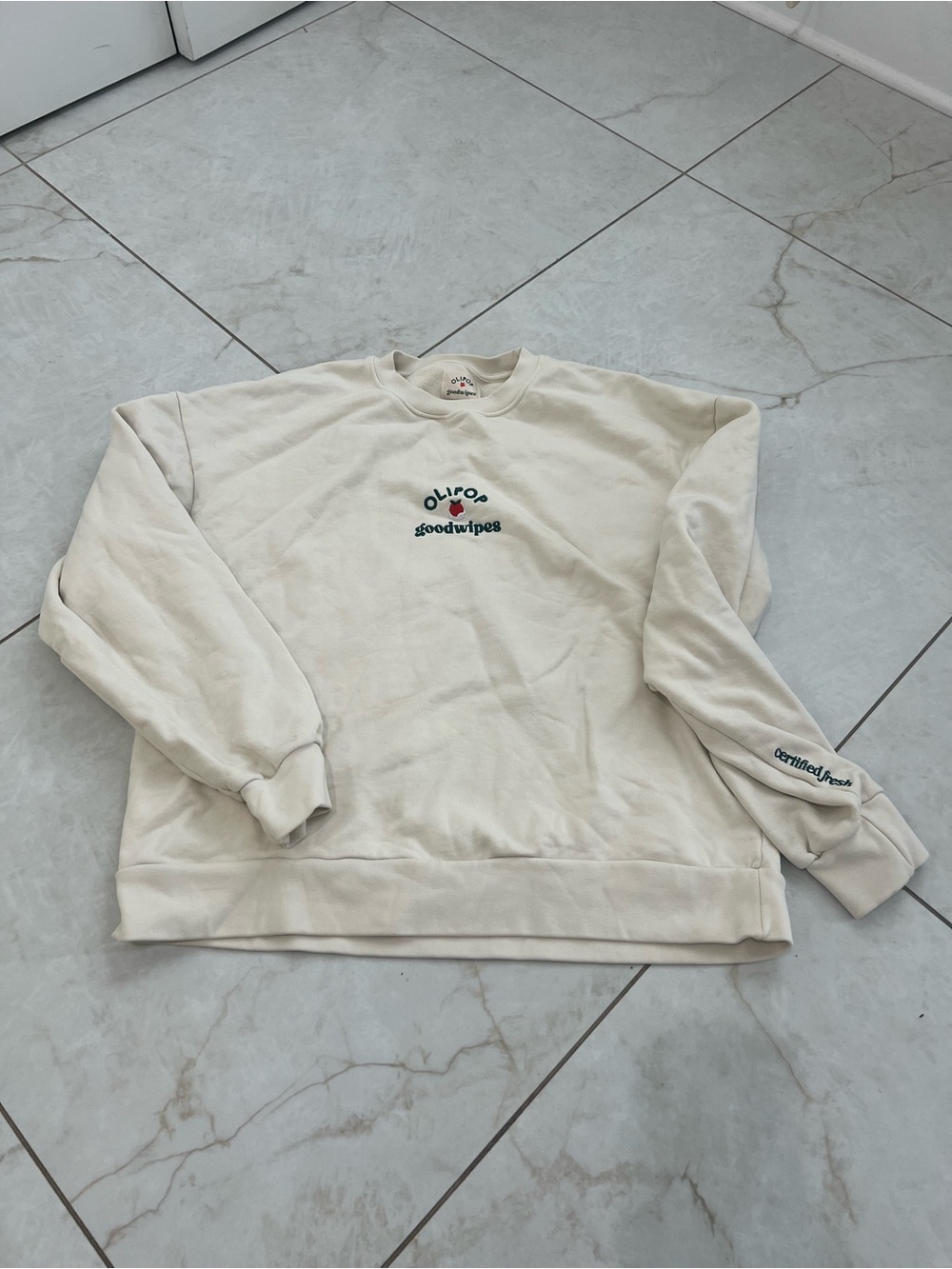 Olipop x Goodwipes Cream Embroidered Peachy Clean Sweatshirt Size Small